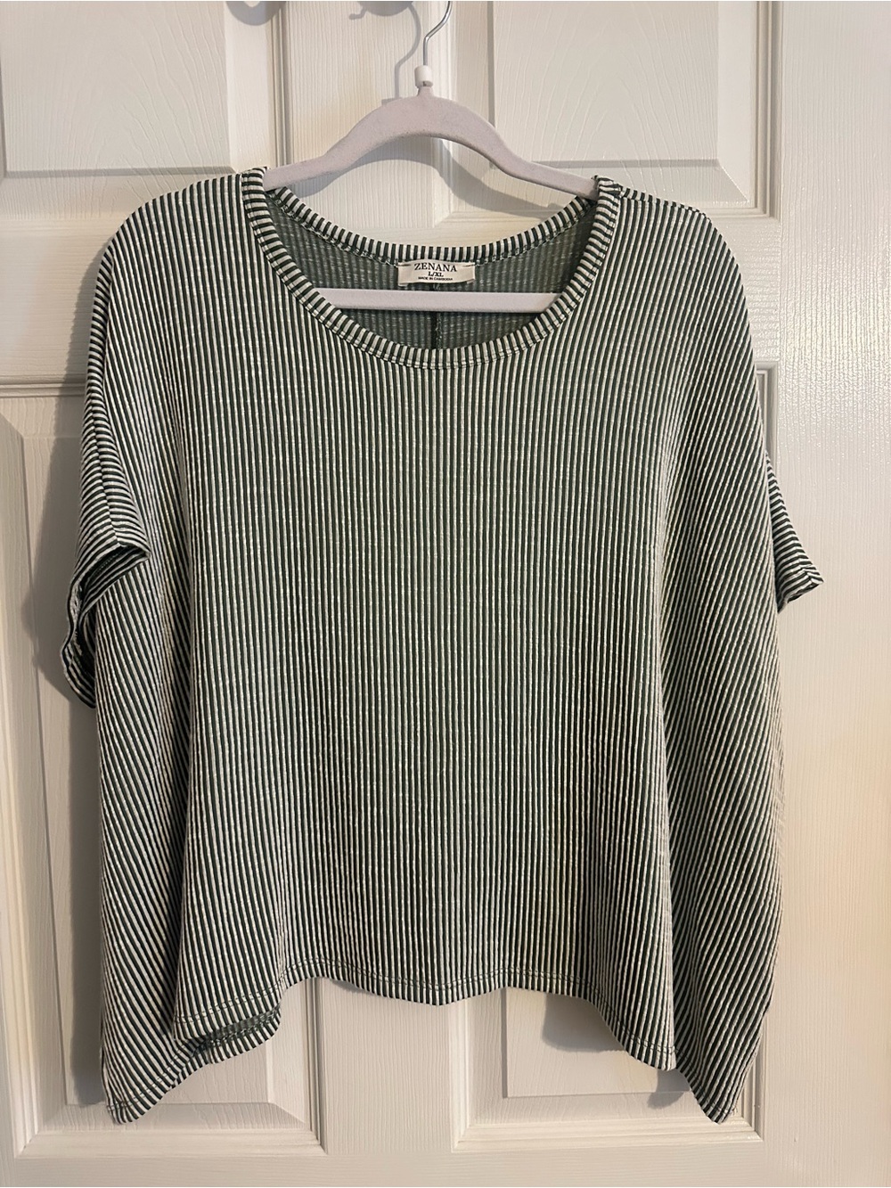 Zenana Outfitters Green & White Striped Crewneck Top